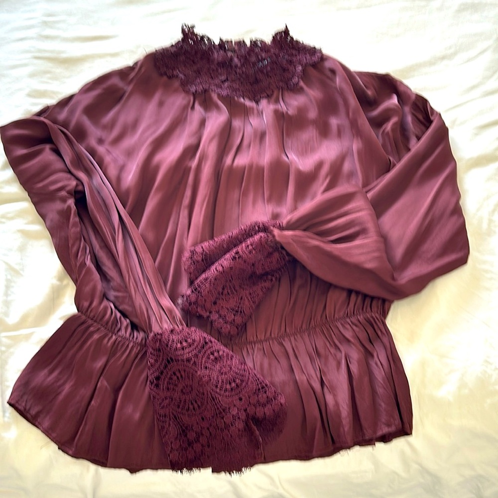 Burgundy satin top with elastic waist. Victorian inspired design.